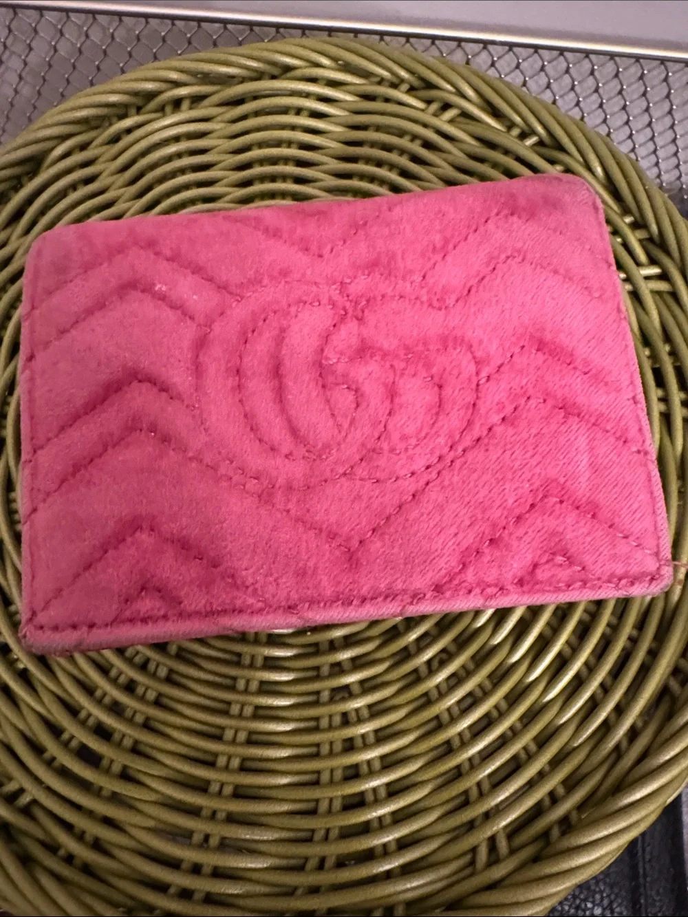 Gucci Pink Velvet LOVE Pearl Embellished Wallet with Gold GG